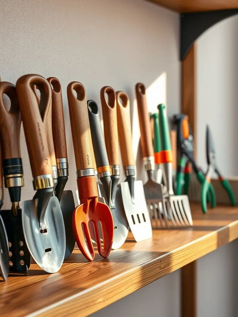 A well-organized display of various gardening tools, including trowels, hand rakes, and pruning shears, all neatly arranged on a wooden shelf.