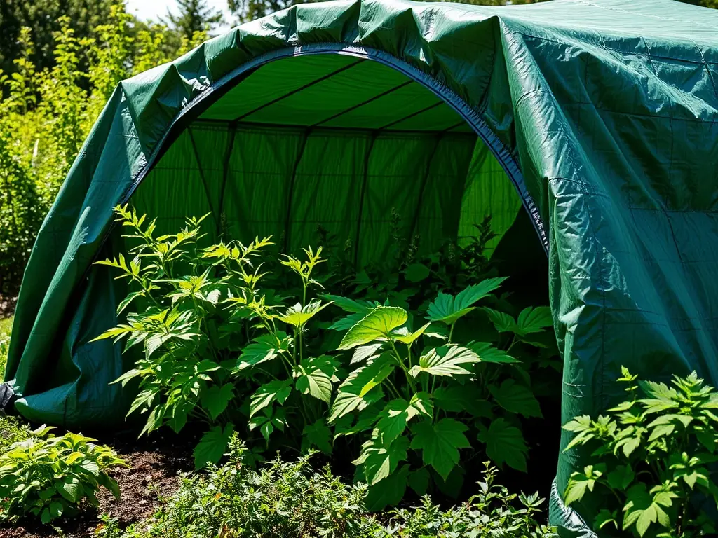 A high-quality tarpaulin protecting garden plants from harsh weather, showcasing its durability and versatility.