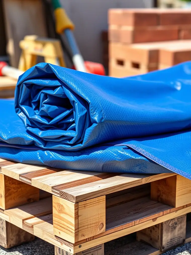 A high-quality HDPE tarpaulin, folded neatly and displayed against a backdrop of construction materials, showcasing its durability and versatility for various applications.