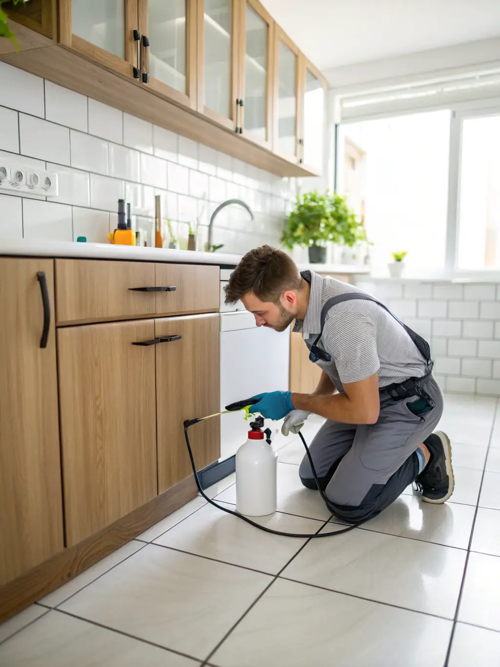A professional pest control technician spraying a kitchen area, focusing on cockroach hiding spots. The image should represent thorough cockroach pest control.