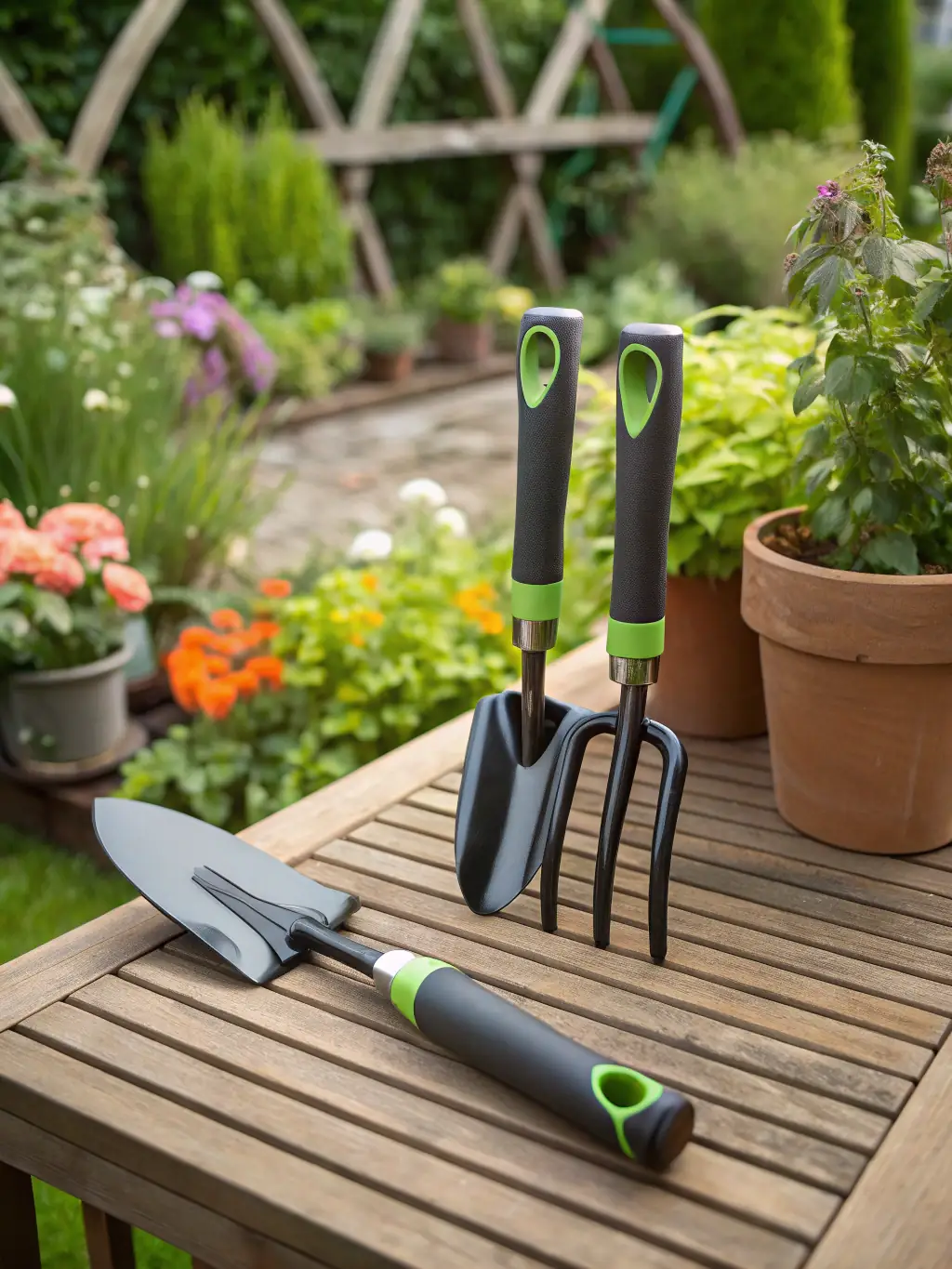 A close-up shot of a set of sturdy garden tools, including a trowel, hand fork, and cultivator, highlighting their ergonomic design and durability for gardening tasks.