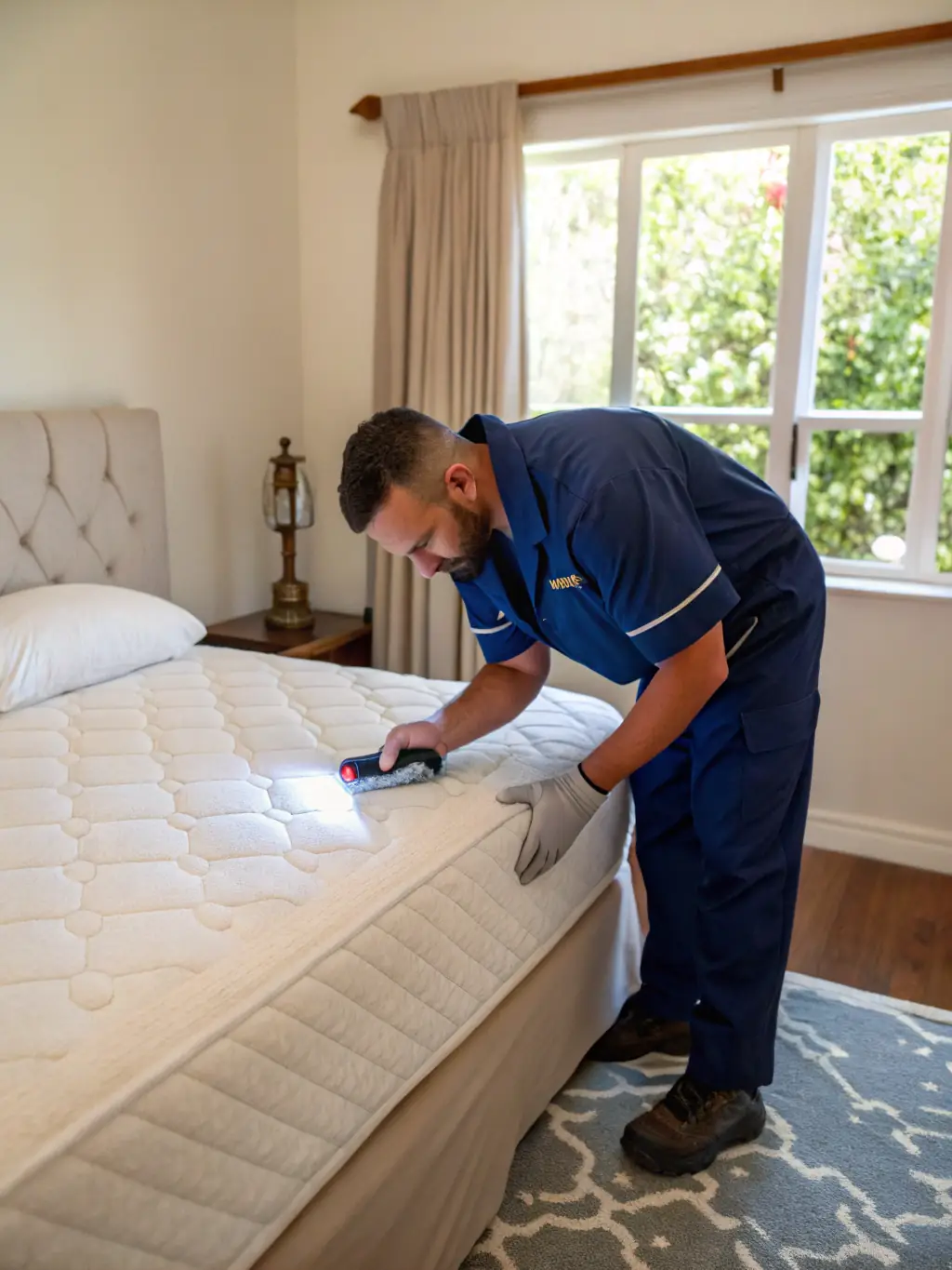 A bedroom scene showing a pest control expert inspecting a mattress for bed bugs, emphasizing the thoroughness of the bed bug removal process.