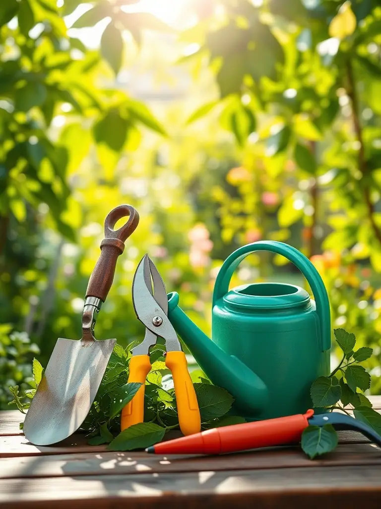 An assortment of garden tools, including a trowel, hand fork, and cultivator, arranged on a wooden surface with potting soil and seedlings, emphasizing their ergonomic design and durability.