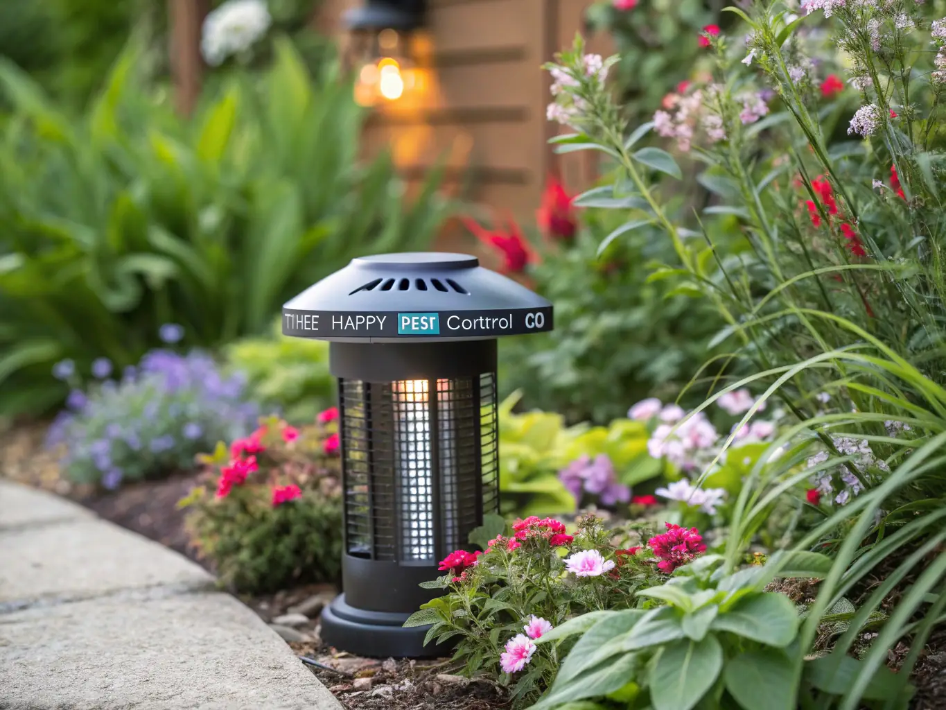An image depicting a mosquito control setup in a garden, showcasing the company's mosquito control services.
