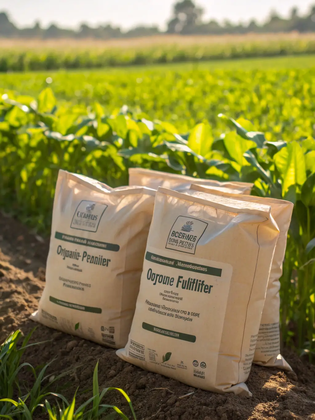 An assortment of organic fertilizers in bags and containers, displayed alongside healthy plants in a lush garden setting.