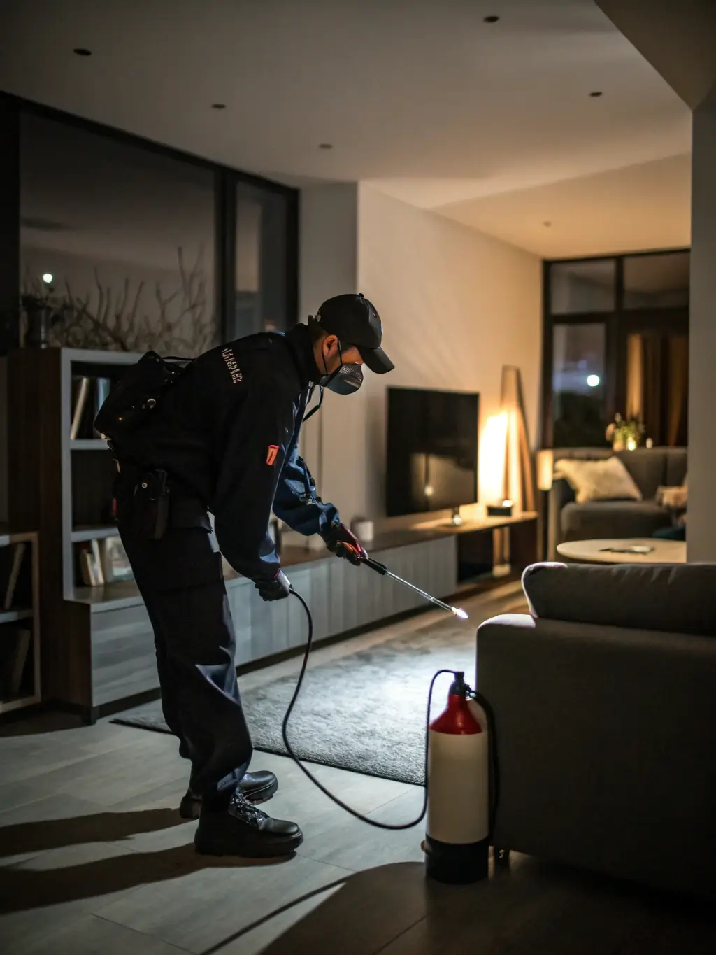 A professional pest control technician spraying termite treatment around the foundation of a residential building, showcasing the precision and care taken during the process.