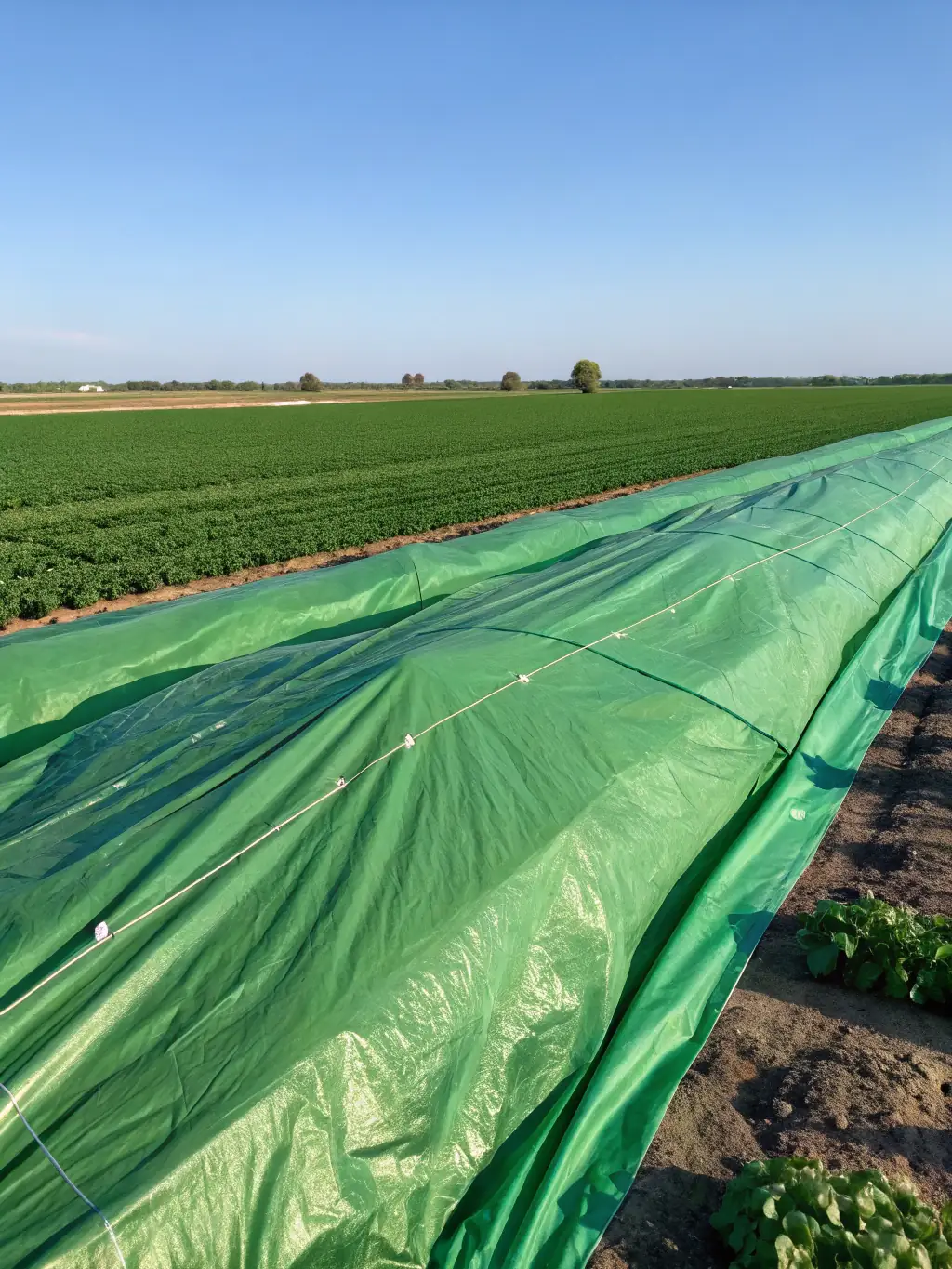 A farmer inspecting a durable tarpaulin protecting their crops, highlighting the quality of Span Shield Enterprise's product offerings.