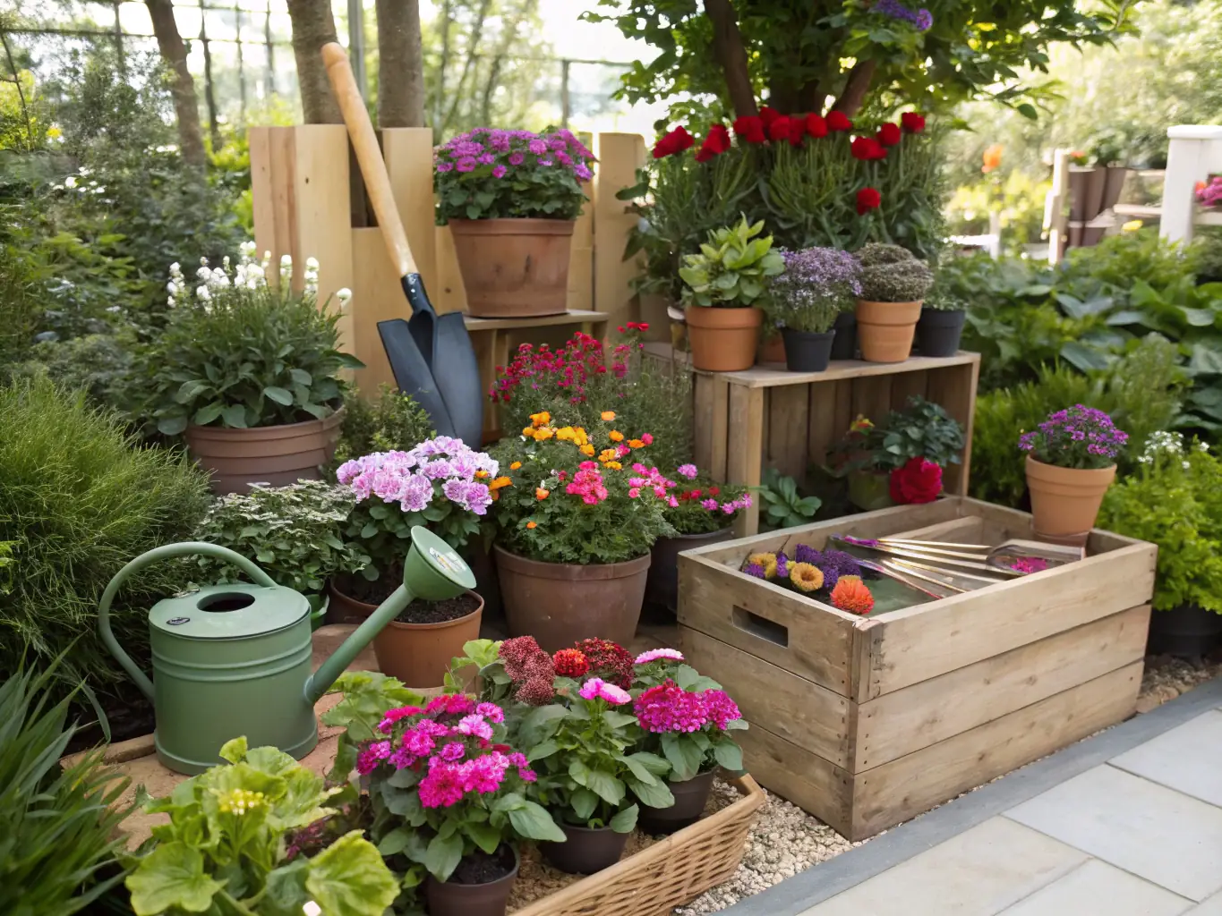A vibrant image showcasing a selection of colorful plant pots and gardening tools, arranged neatly on a wooden table in a garden setting. The image should convey the quality and variety of gardening products offered by Span Shield Enterprise.