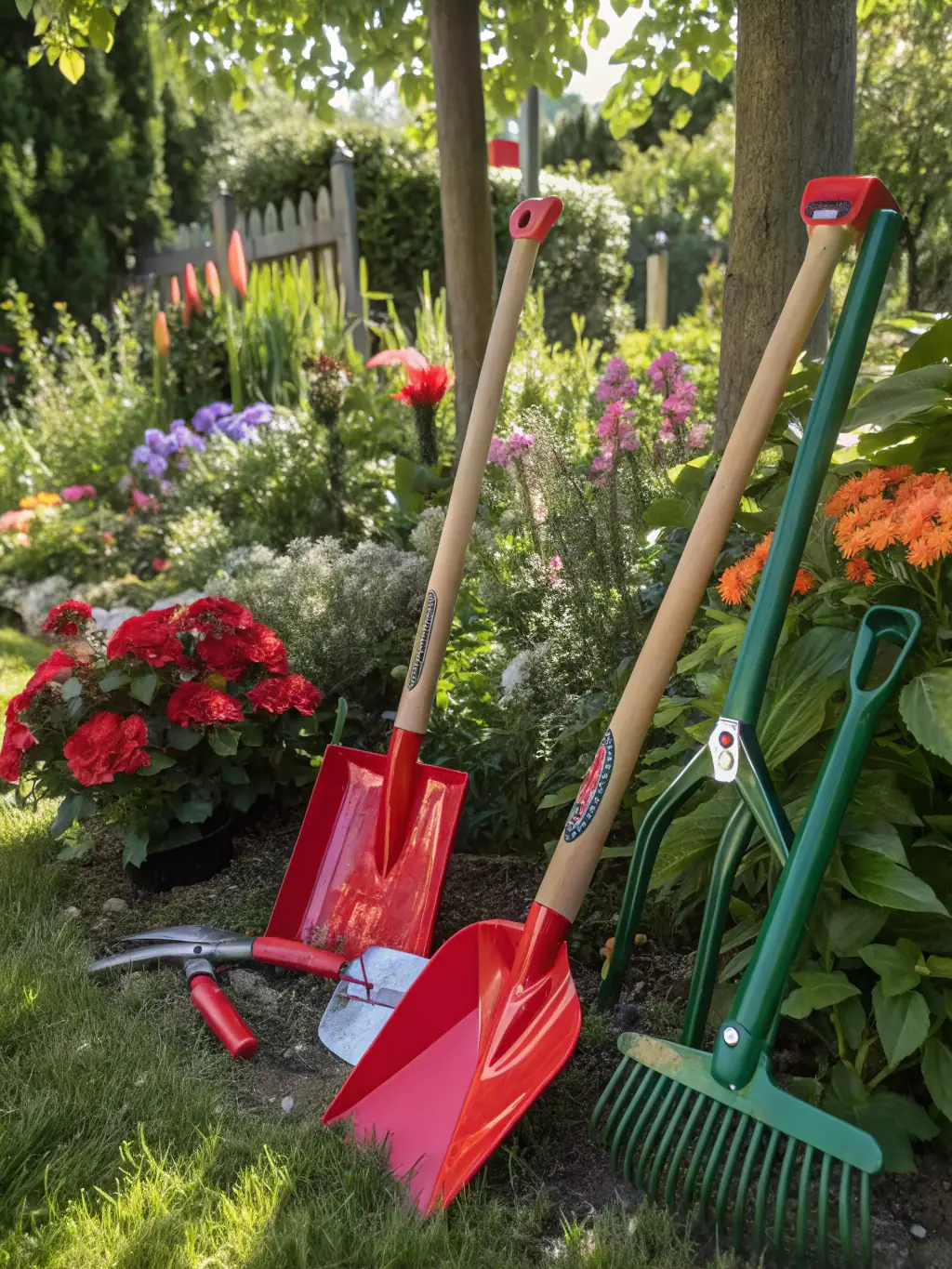 A well-organized display of various gardening tools, including shovels, rakes, and pruning shears, neatly arranged in a retail setting.