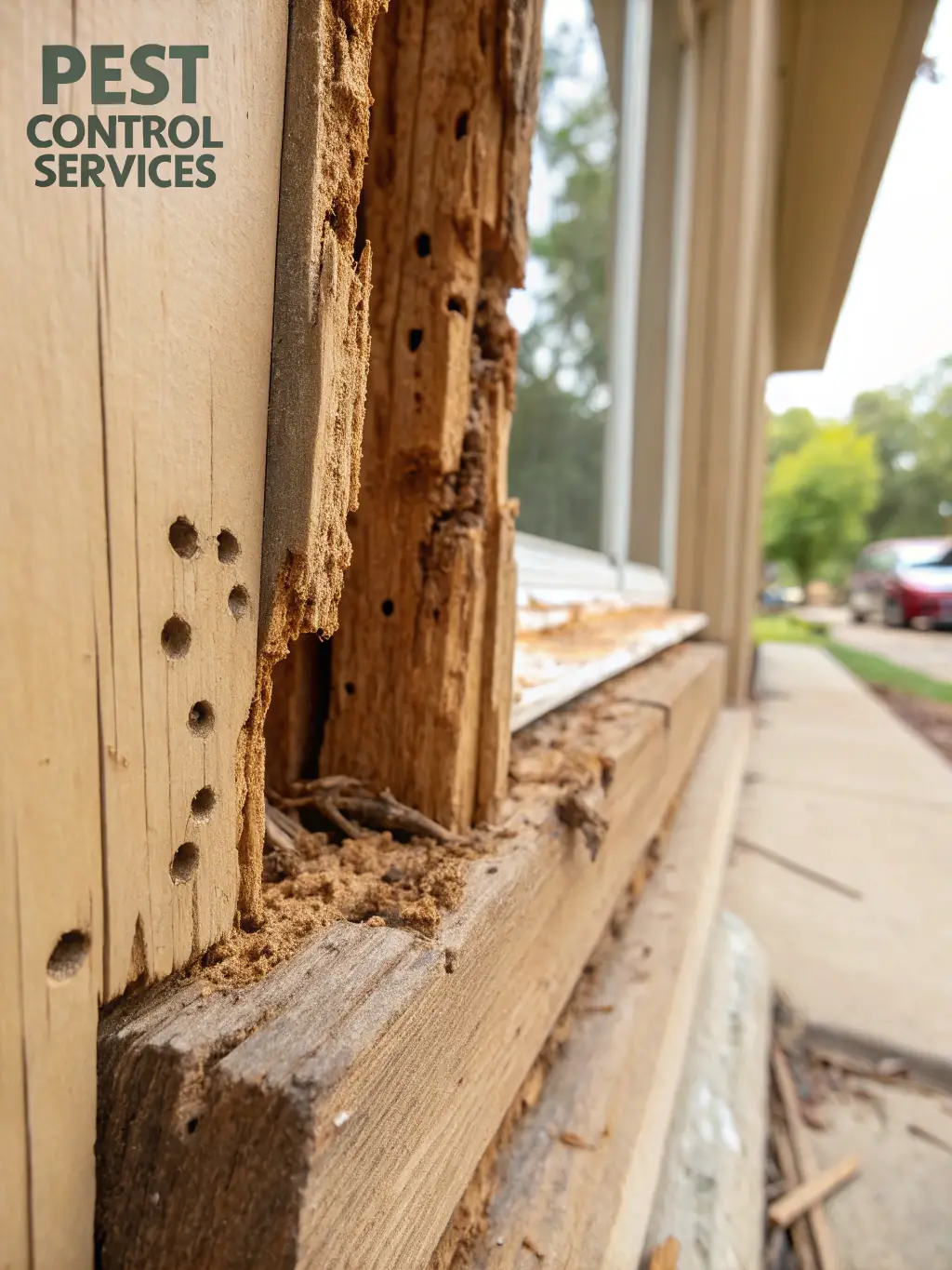 A close-up shot of a termite-infested wooden structure, highlighting the damage caused by termites in a home setting. The image should convey the urgency of termite treatment.