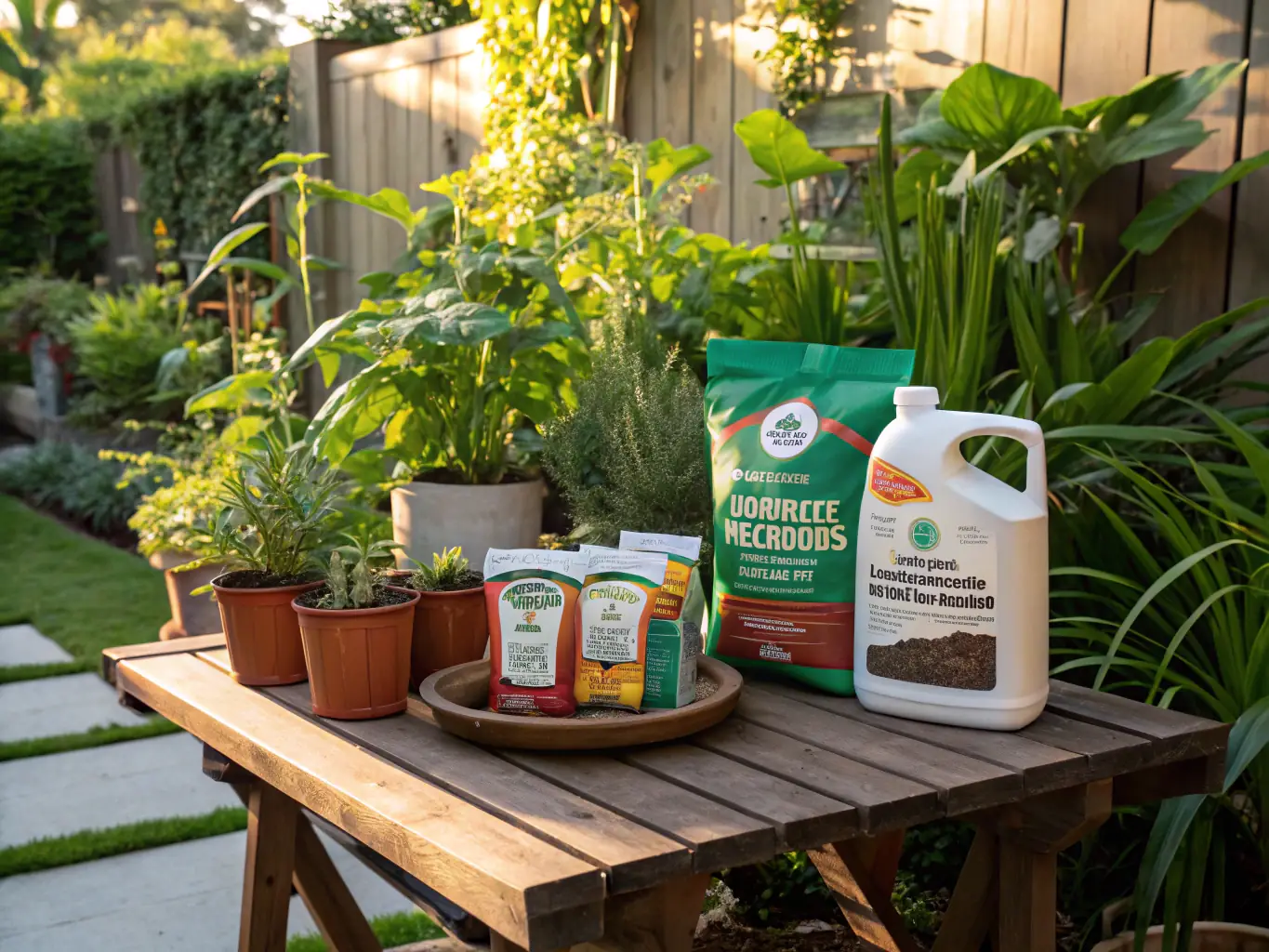 An assortment of organic fertilizers and plant pots, emphasizing eco-friendly gardening solutions.