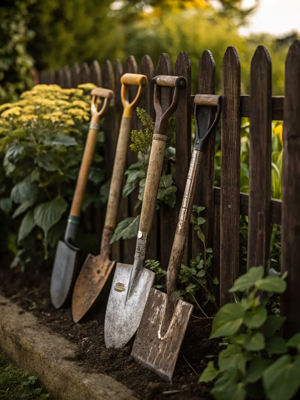 A selection of essential garden tools, including a trowel, hand fork, and pruning shears, arranged on a wooden surface with potting soil in the background.