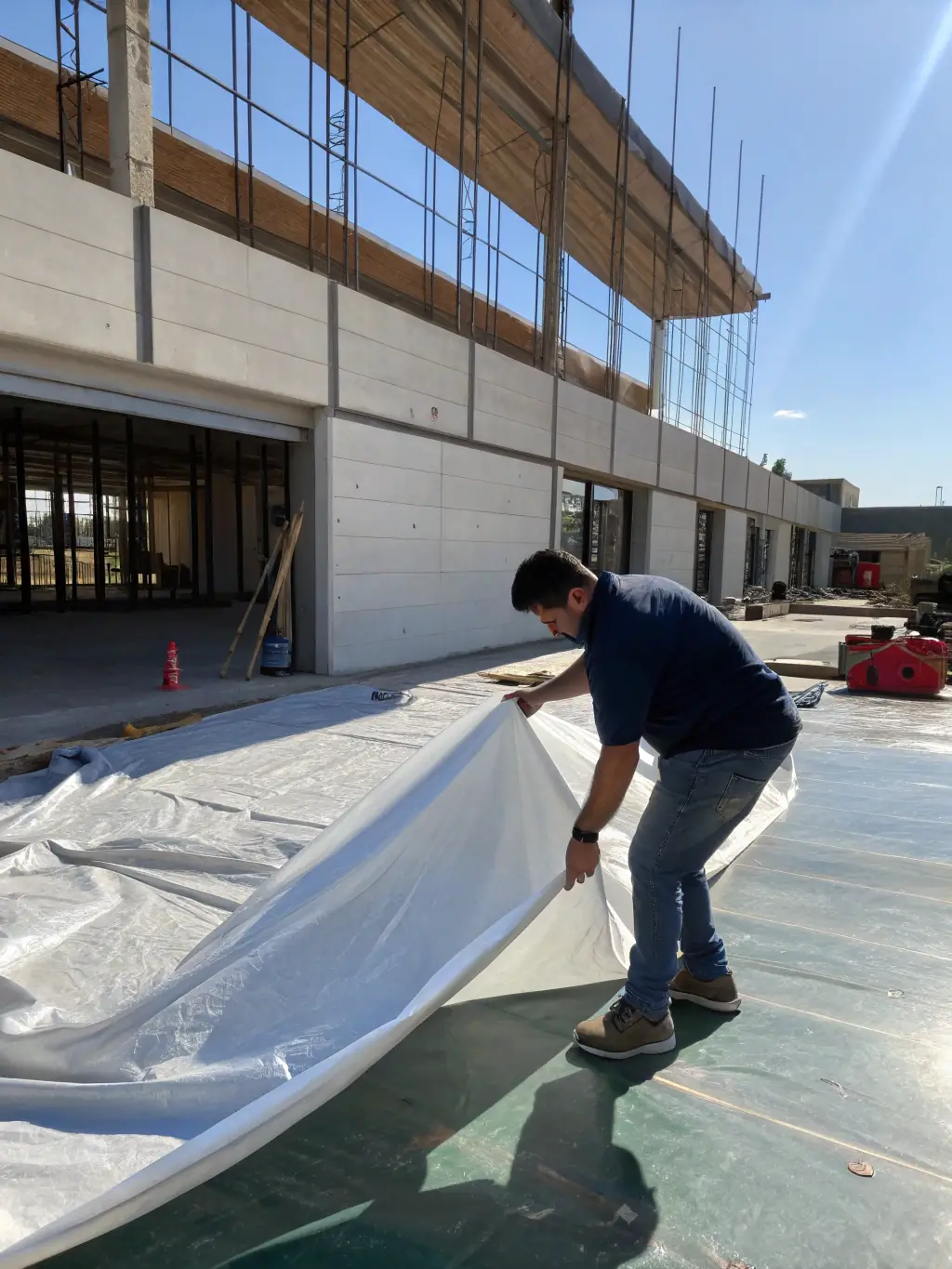 An image of an LDPE tarpaulin being used to protect construction materials on a building site, emphasizing its flexibility and versatility in various applications.