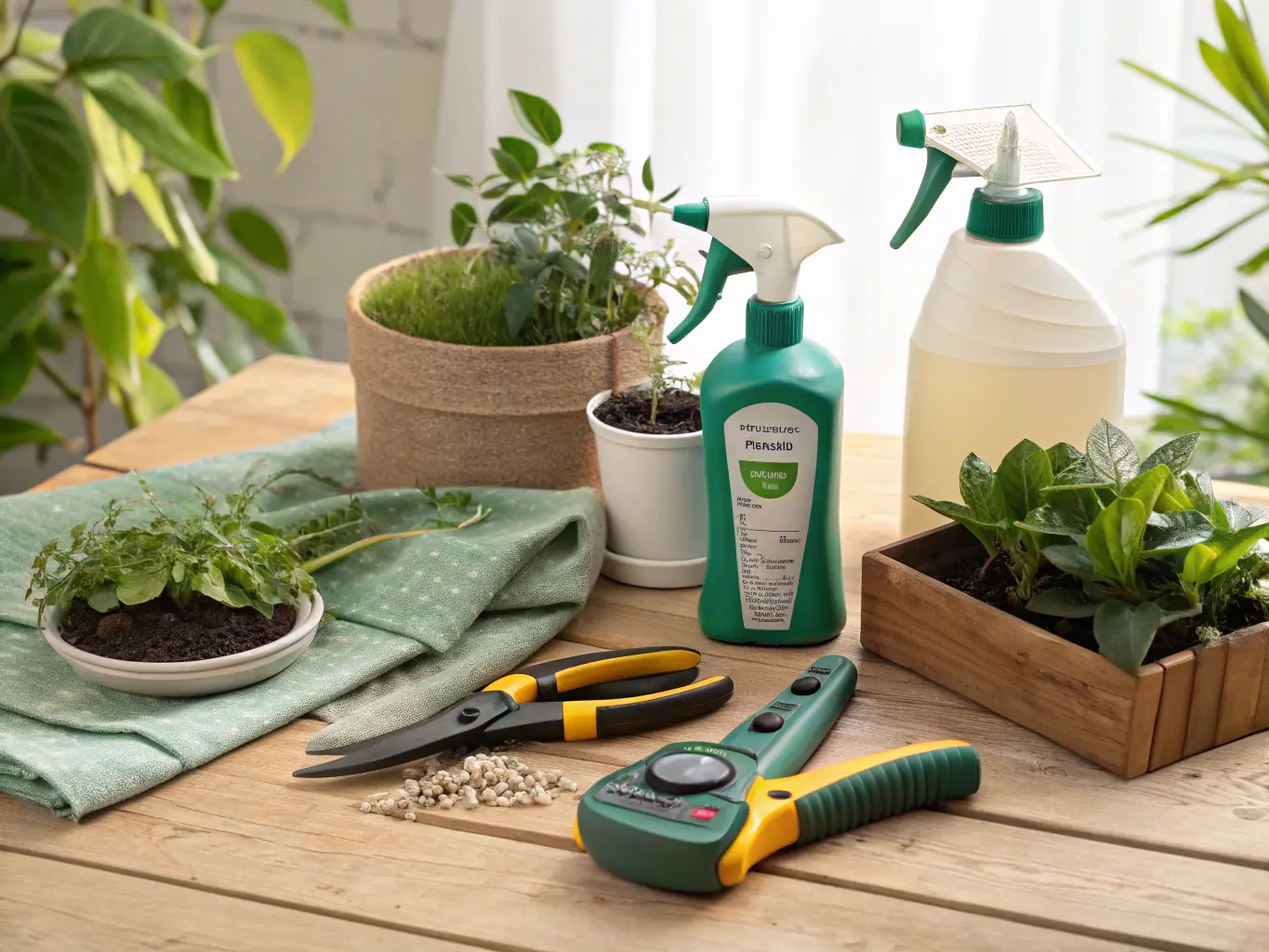 An image showcasing a variety of gardening tools, organic fertilizers, and plant pots available for purchase.