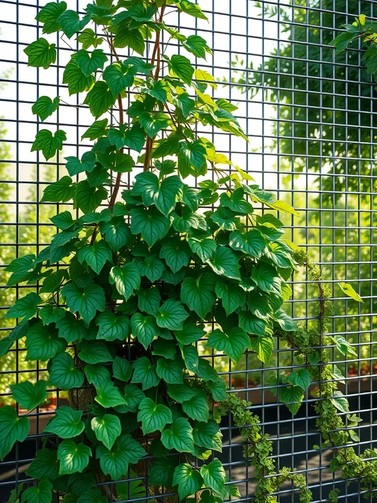 A close-up shot of a garden shed net installed around a vegetable garden, protecting the plants from pests and birds, highlighting its fine mesh and sturdy construction.