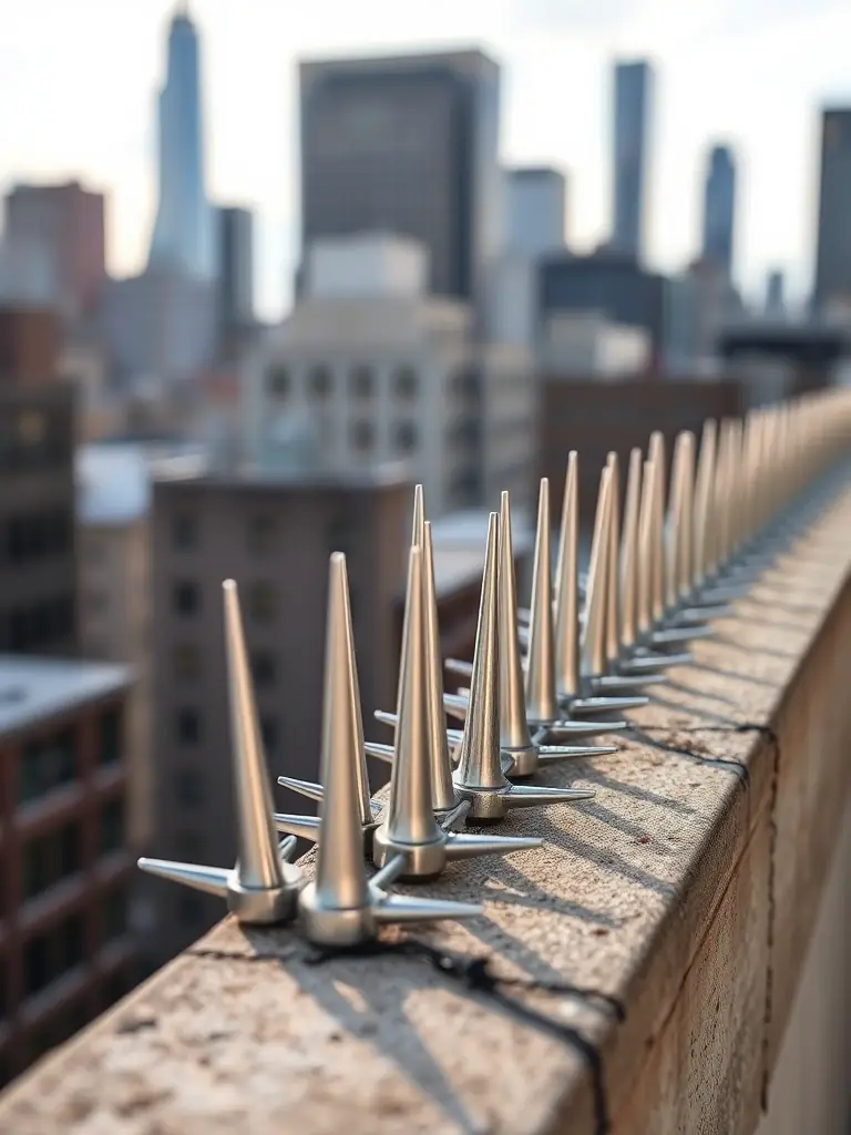 A worker installing bird spikes on a building ledge to prevent birds from landing, demonstrating the proactive approach to bird management.