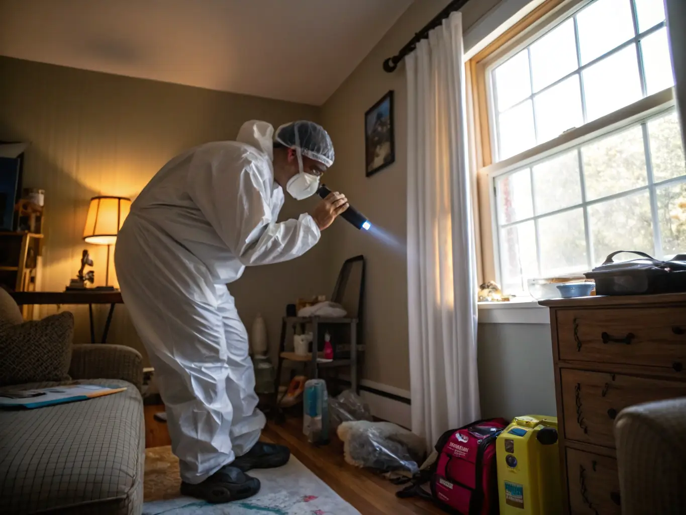 A professional pest control technician inspecting a wooden structure for termite damage, using a flashlight and wearing protective gear. The setting is a residential home with visible signs of wood decay.