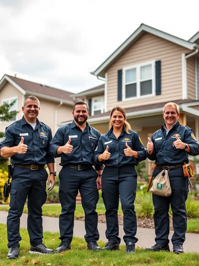 A group of Span Shield Enterprise pest control technicians in uniform, smiling and ready for work, showcasing a professional and reliable team.