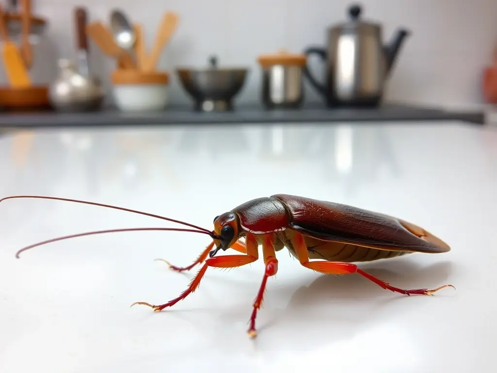 A close-up shot of an American cockroach, highlighting its reddish-brown color and large size, in a residential kitchen setting in Ahmedabad.
