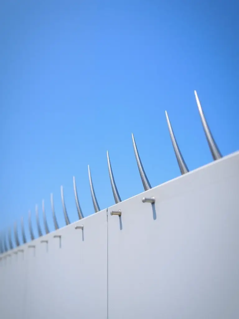 A stainless steel bird spike installation on the roof of a factory in Gandhinagar, preventing birds from nesting and causing damage.