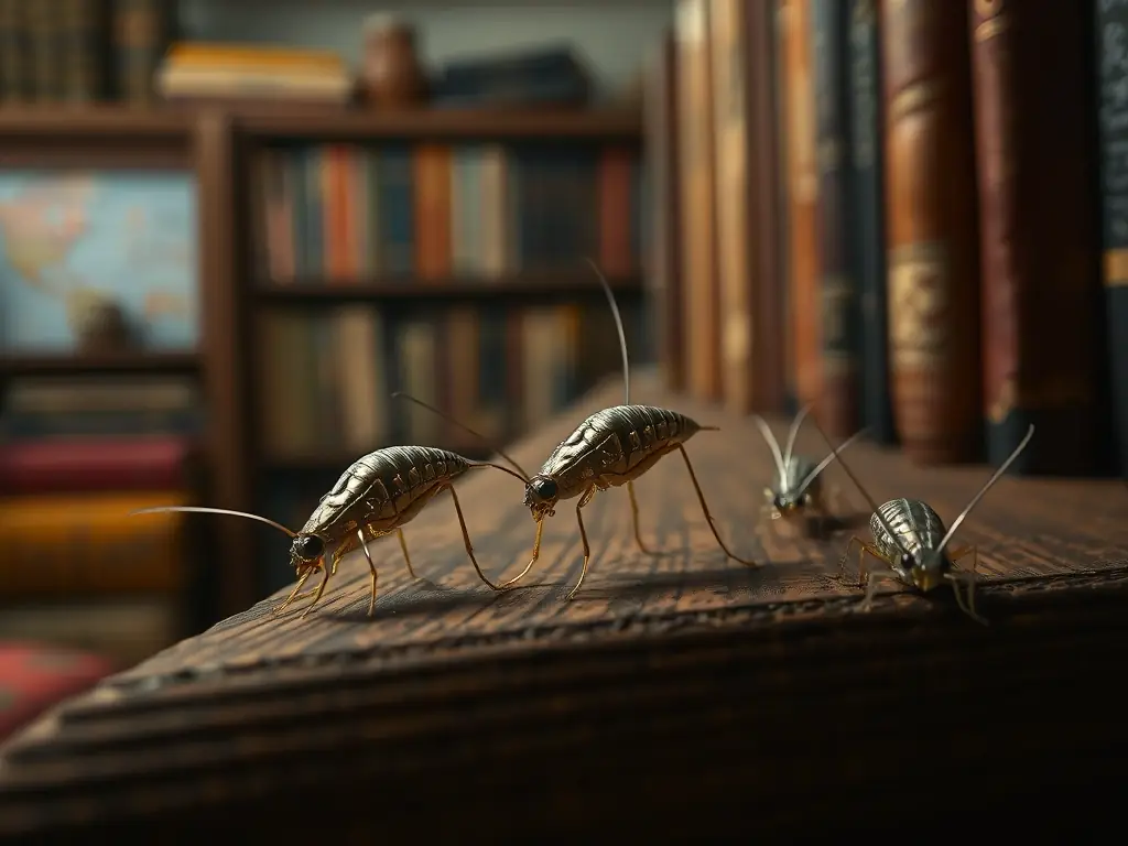 A close-up shot of silverfish on a bookshelf damaging books, with a blurred background of a home library. The image is intended to represent the silverfish infestations that Span Shield Pest Control addresses.