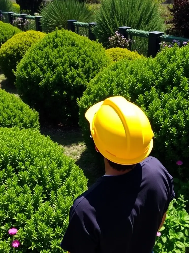 A person wearing a safety helmet while working in a garden, demonstrating its importance for head protection against falling objects.