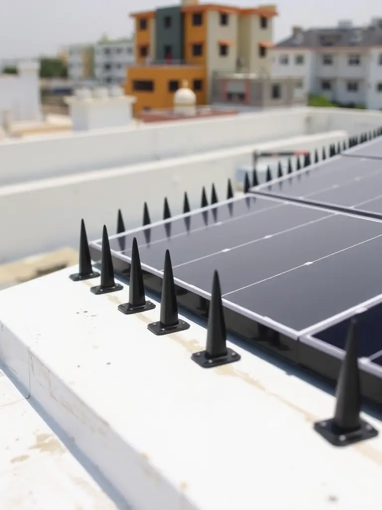 Bird spikes installed around solar panels on a rooftop in Ahmedabad, preventing bird droppings from reducing the panels' efficiency.