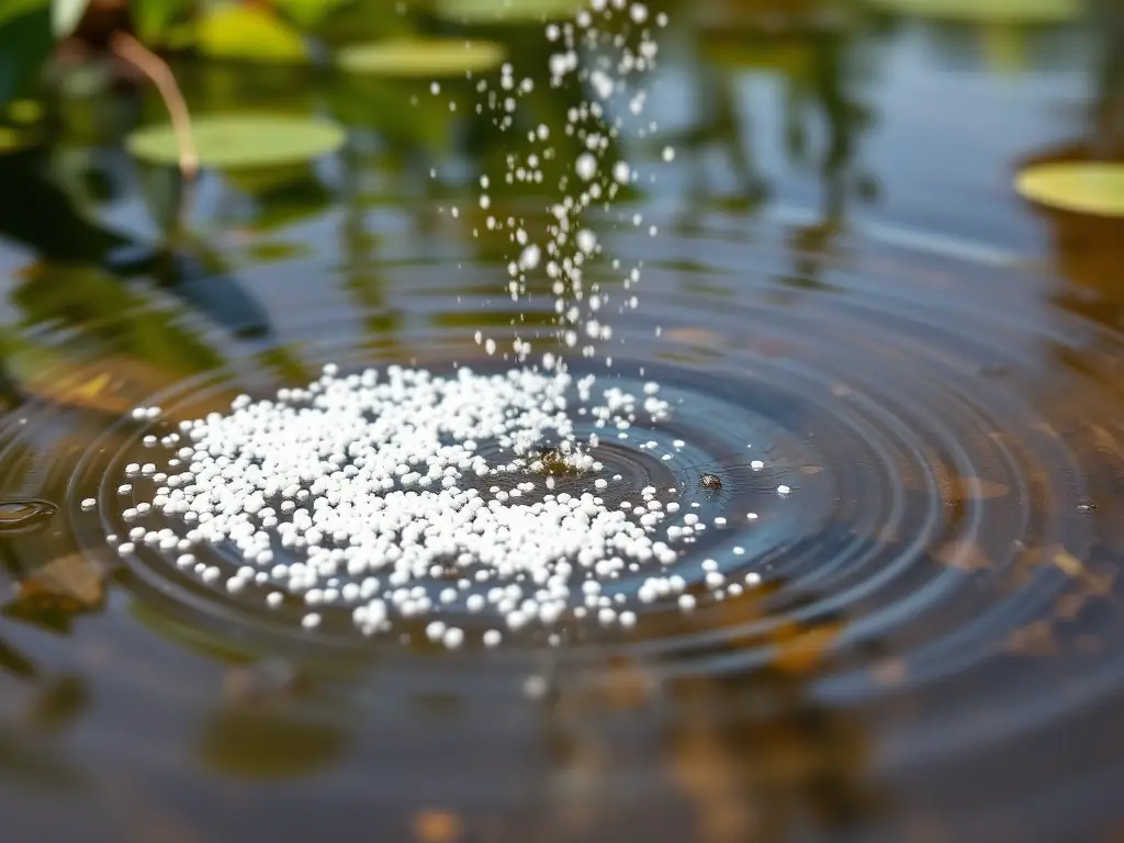 A close-up shot of mosquito larvicide granules being applied to a standing water source, such as a pond or drainage ditch, to prevent mosquito larvae from developing.