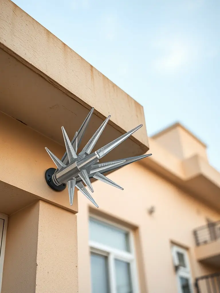 A close-up shot of polycarbonate bird spikes installed along the edge of a residential building in Ahmedabad, effectively deterring birds.