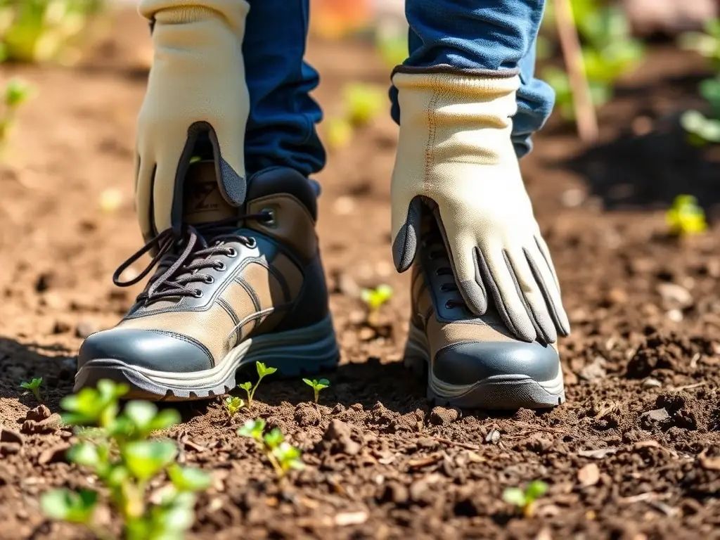 A close-up shot of a person wearing safety shoes and gloves while gardening, highlighting the importance of personal protective equipment in preventing injuries.