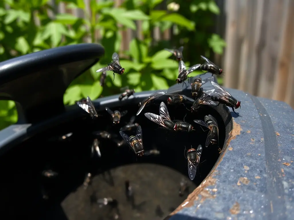 A close-up shot of a cluster of flies swarming around a garbage bin, with a blurred background of a typical outdoor setting. The image is intended to represent the fly infestations that Span Shield Pest Control addresses.