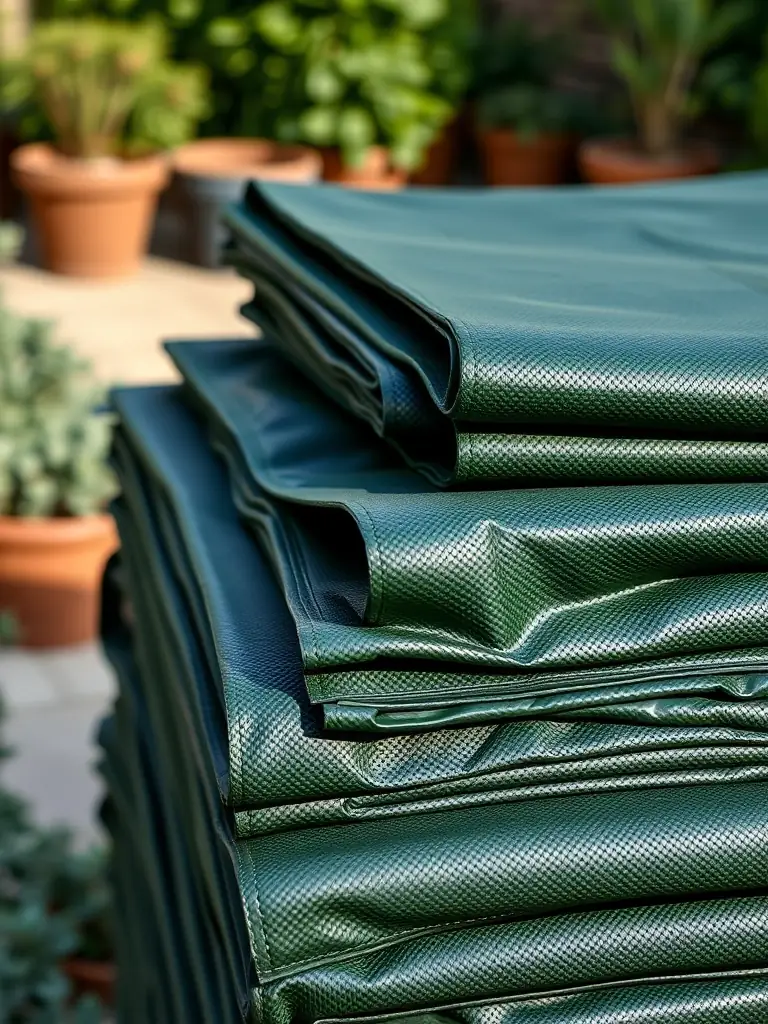 A high-angle, close-up shot of a neatly folded stack of green PVC tarpaulins, showcasing their texture and durability, suitable for protecting gardening supplies.
