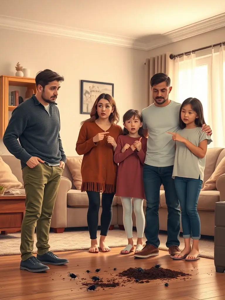 A family in their home, looking distressed as they discover rodent droppings, illustrating the emotional and health concerns associated with residential rodent infestations.