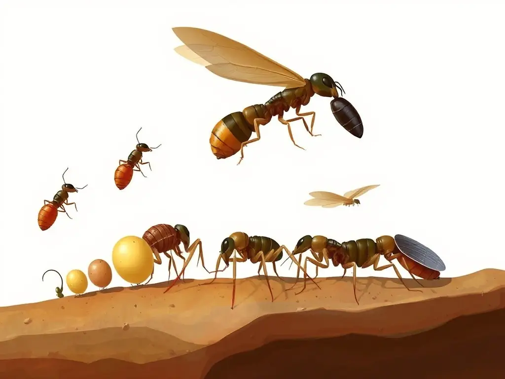 An image illustrating the termite lifecycle, from egg to adult, emphasizing the rapid reproduction and colony growth that makes them such a significant threat.