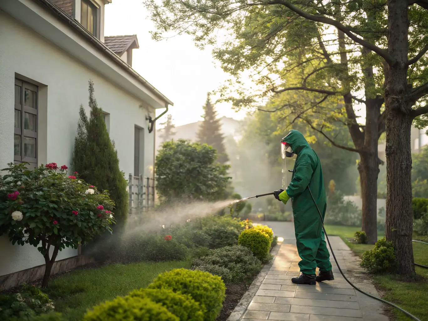 A high-angle shot of a technician in a protective suit spraying pesticide around the foundation of a house, with lush green plants and flowers in the foreground, emphasizing the pest control service's focus on both home and garden environments.