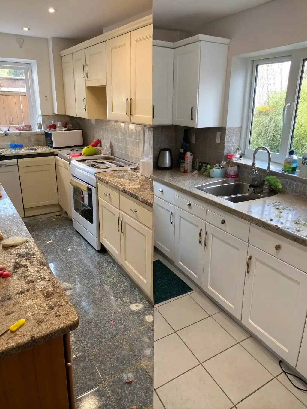 A before-and-after image showing a heavily infested area with cockroaches, followed by a clean and cockroach-free environment after Span Shield Enterprise's treatment.