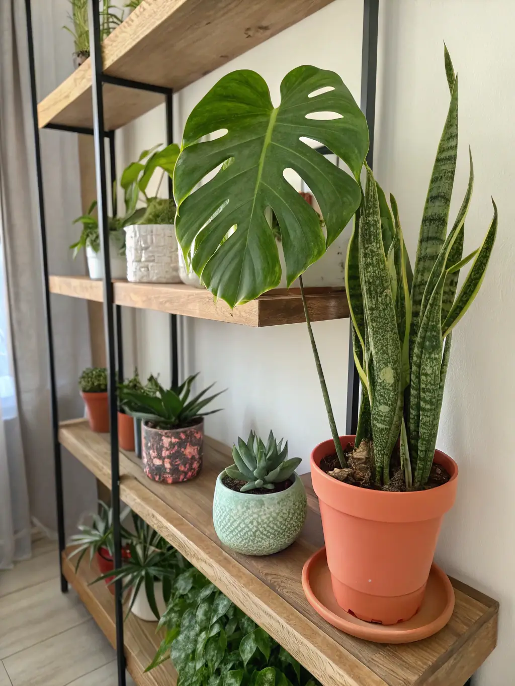A detailed shot of several artificial succulents arranged in a decorative geometric planter, showcasing their varied textures, shapes, and colors, placed on a wooden shelf with soft, natural light.