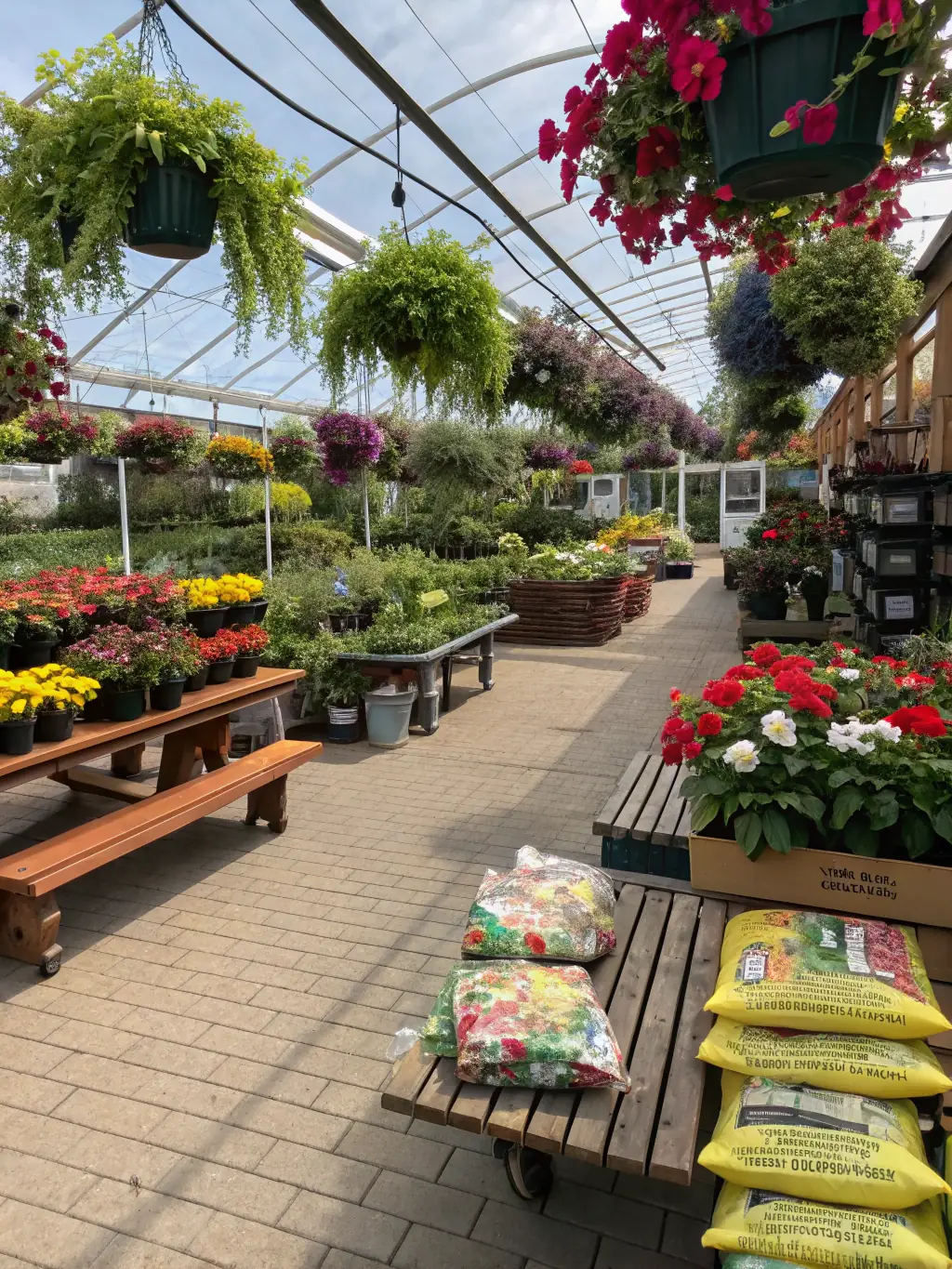 A vibrant image of a garden center in Ahmedabad, where colorful tarpaulins are used to create shaded areas for plants and customers.