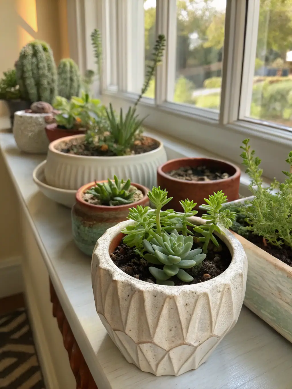 A high-resolution image showcasing a variety of colorful garden pots of different shapes and sizes, arranged on shelves in a garden center setting. The image should convey the aesthetic appeal and functionality of the pots.