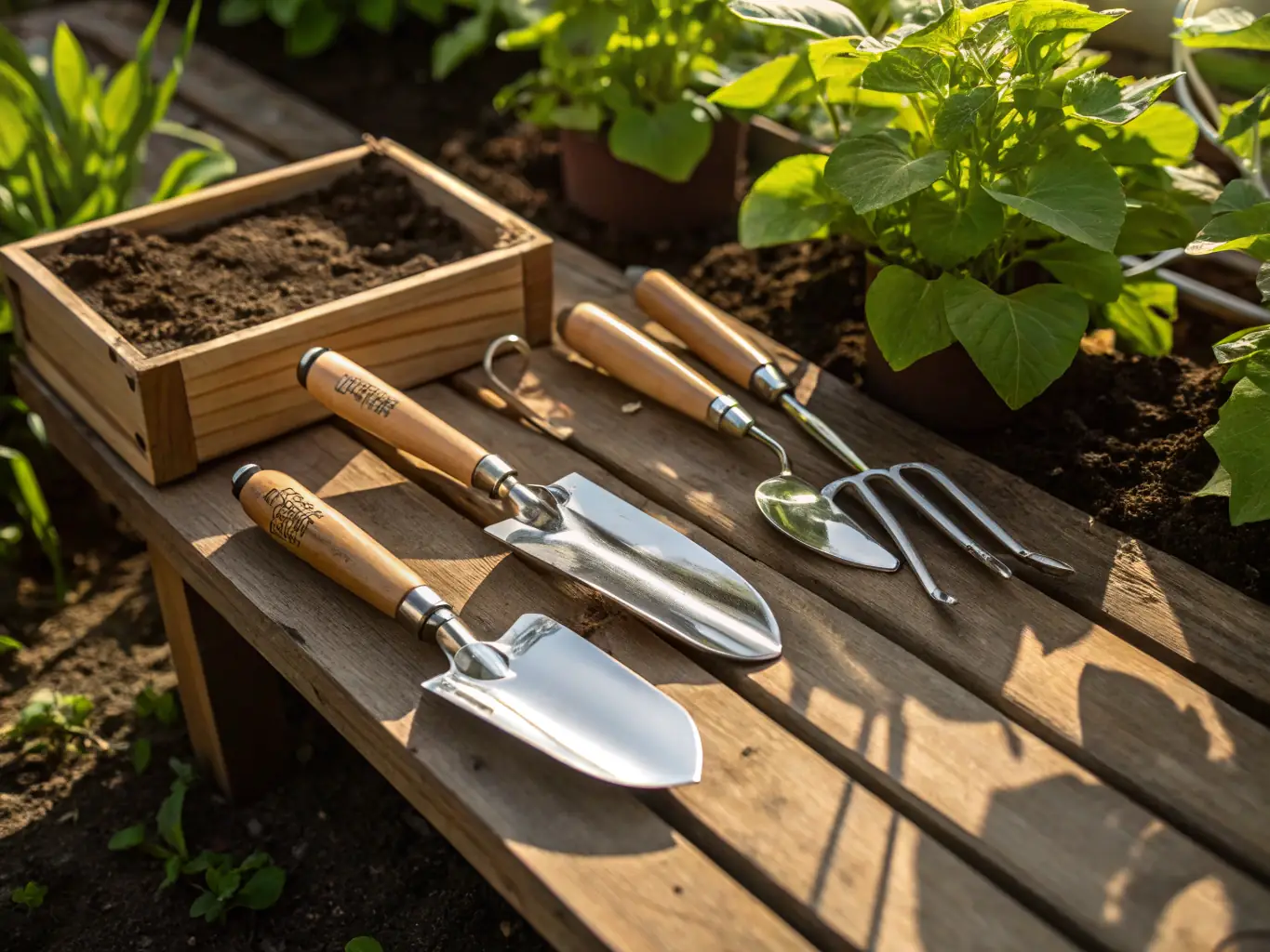 A high-angle shot of various gardening hand tools such as trowels, hand rakes, and cultivators arranged neatly on a bed of dark, fertile soil, highlighting their ergonomic design and durability.