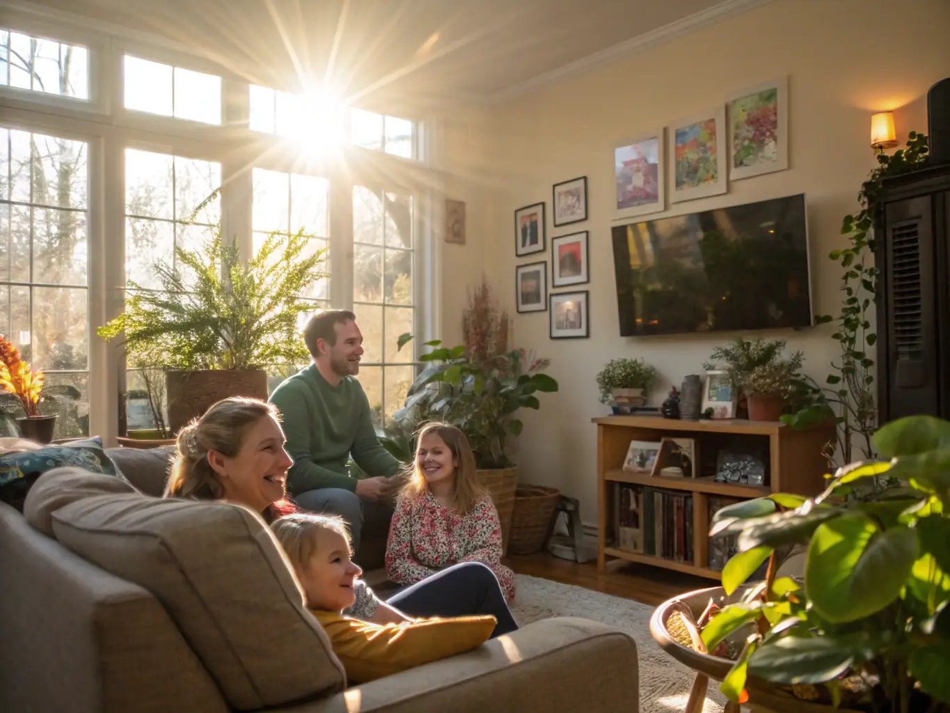 A cozy living room in a home, subtly indicating the presence of common household pests like ants or cockroaches, with a focus on a family-friendly and safe pest control approach.