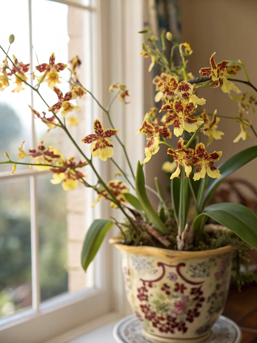 A visually appealing image of an artificial orchid with delicate white flowers and realistic-looking roots in a clear glass vase filled with decorative stones, placed on a coffee table in a cozy living room setting.