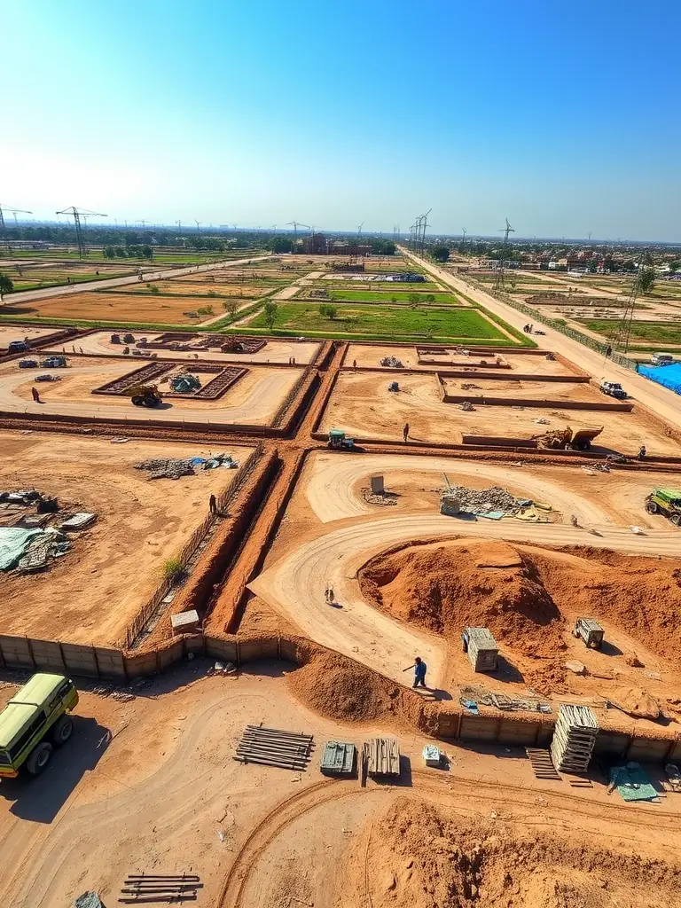 A high-angle shot of a construction site in Ahmedabad, Gujarat, where a large blue tarpaulin is covering a stack of gardening pots and soil bags, protecting them from the elements.