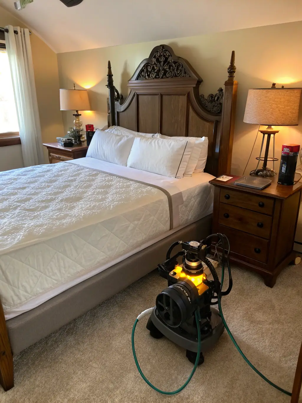 A photo showcasing a heat treatment setup in a hotel room, with specialized equipment raising the temperature to eradicate bed bugs, highlighting Span Shield's capabilities.