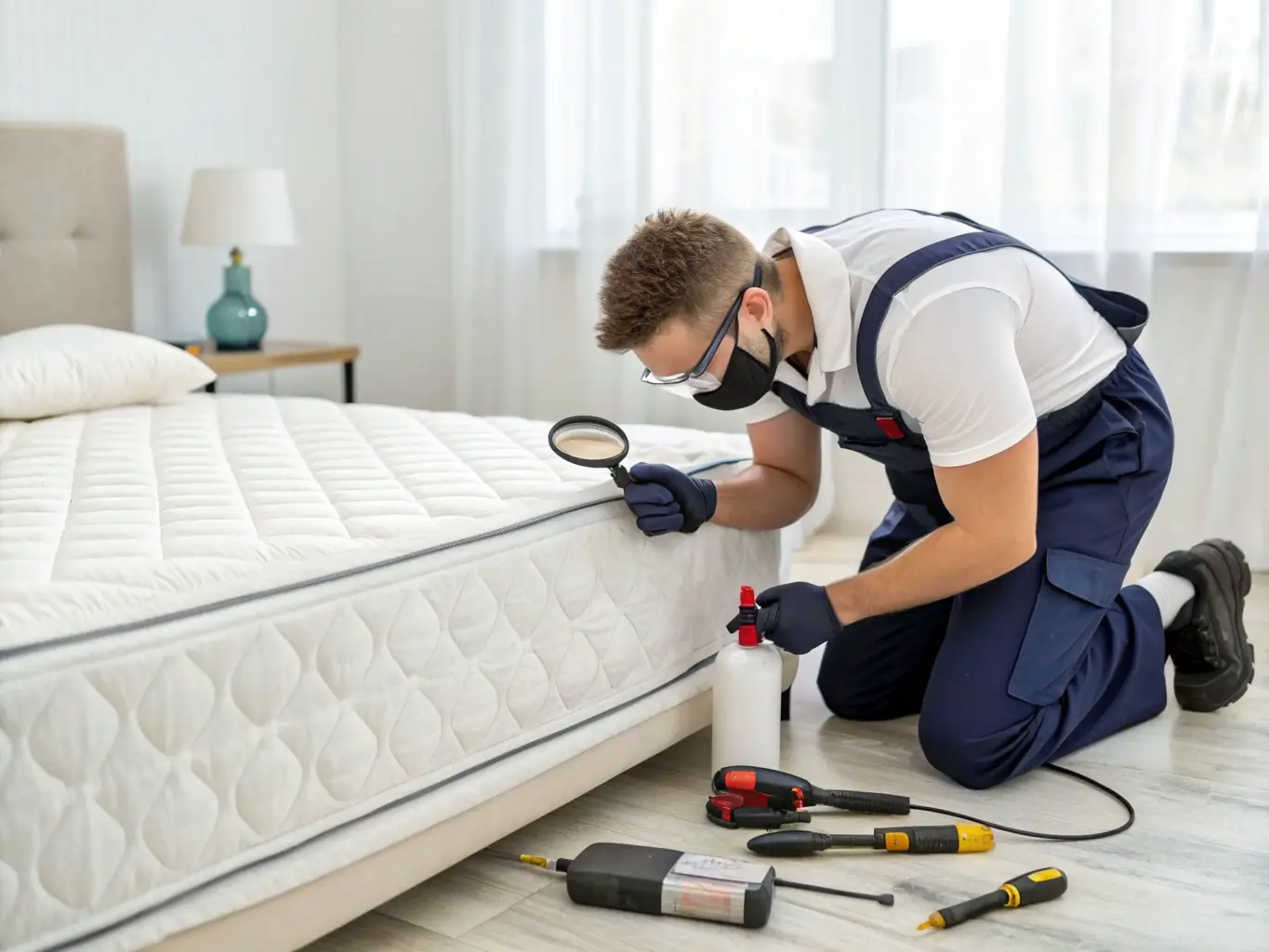 A bedroom scene showing a mattress being treated for bed bugs by a pest control professional.