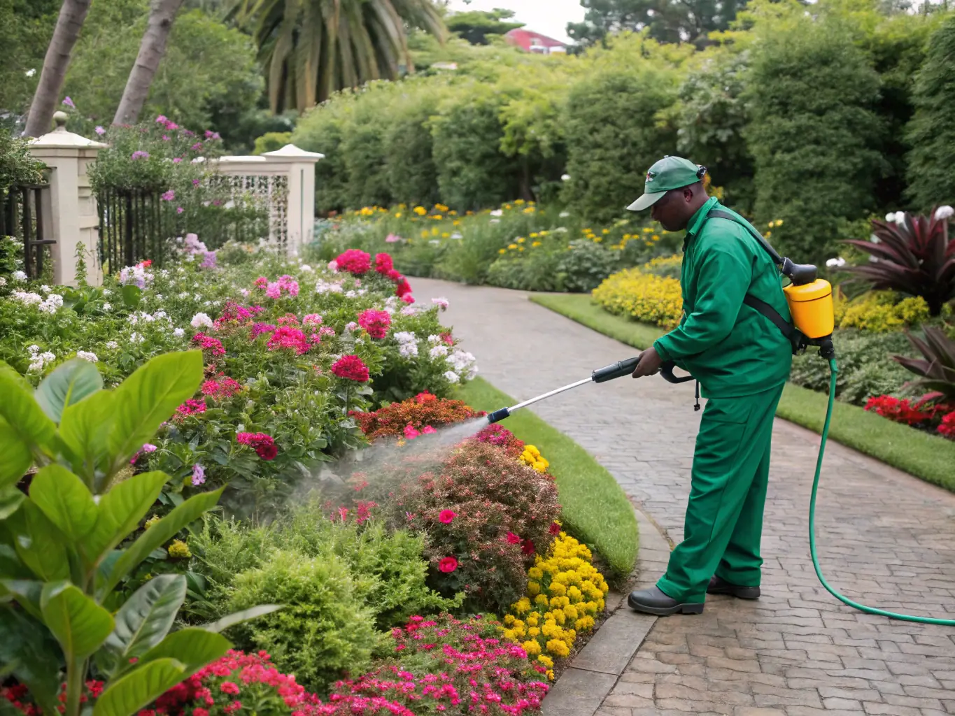 A close-up shot of a technician from Span Shield Enterprise carefully applying an eco-friendly pest control solution in a lush garden, showcasing their commitment to environmental safety.