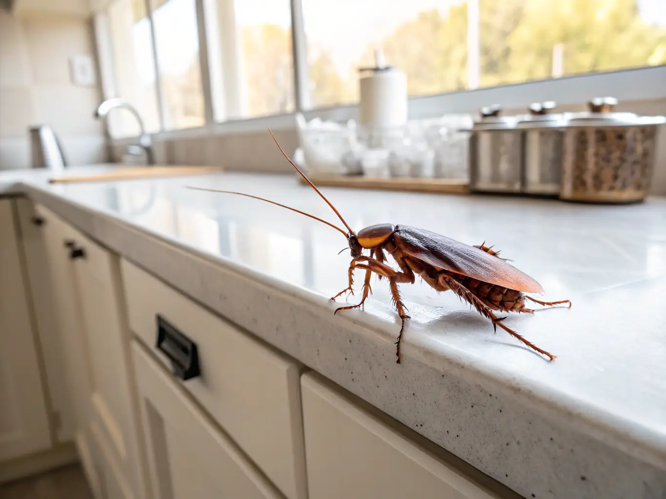 A clear image of a German cockroach, showcasing its smaller size and the two dark stripes behind its head, in a commercial kitchen in Gandhinagar.