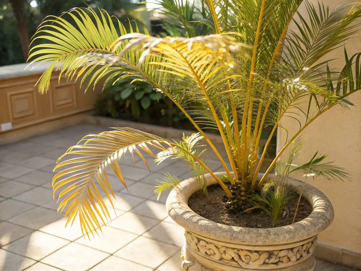 A high-quality photograph showcasing a large artificial Areca Palm plant in a modern living room setting, emphasizing its elegant greenery and suitability for spacious interiors. The room should have ample natural light and minimalist décor.