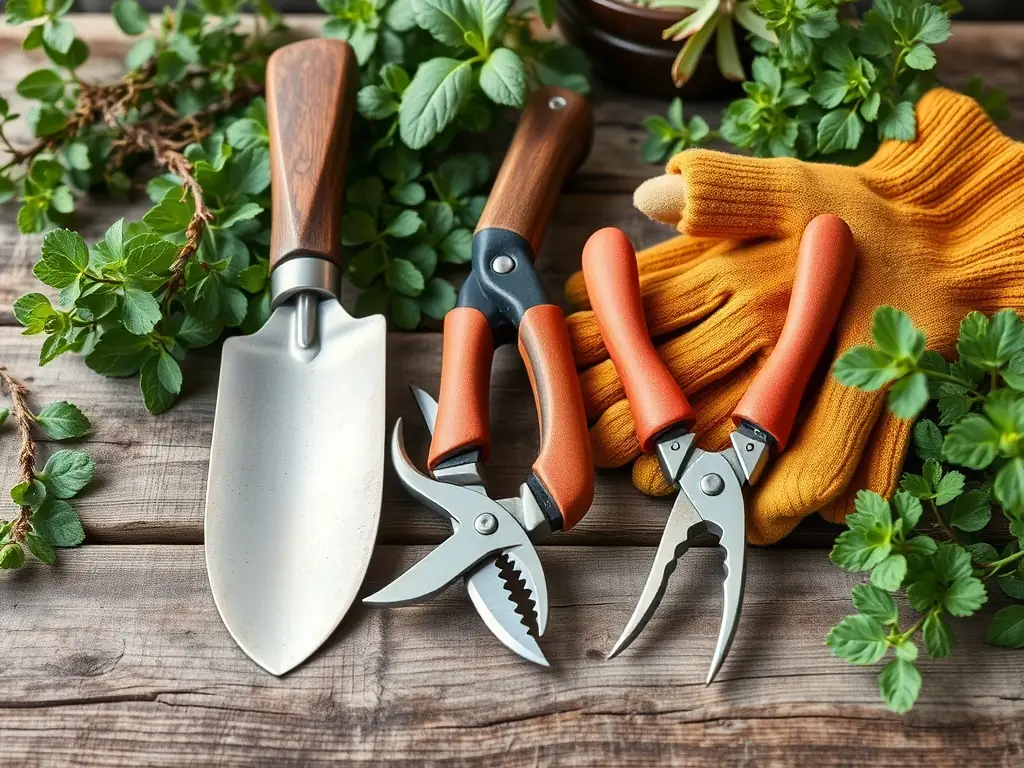 A close-up image of a set of essential garden tools, including a trowel, hand fork, and cultivator, neatly arranged on a garden table with soil and seedlings in the background. The image should highlight the quality and durability of the tools.