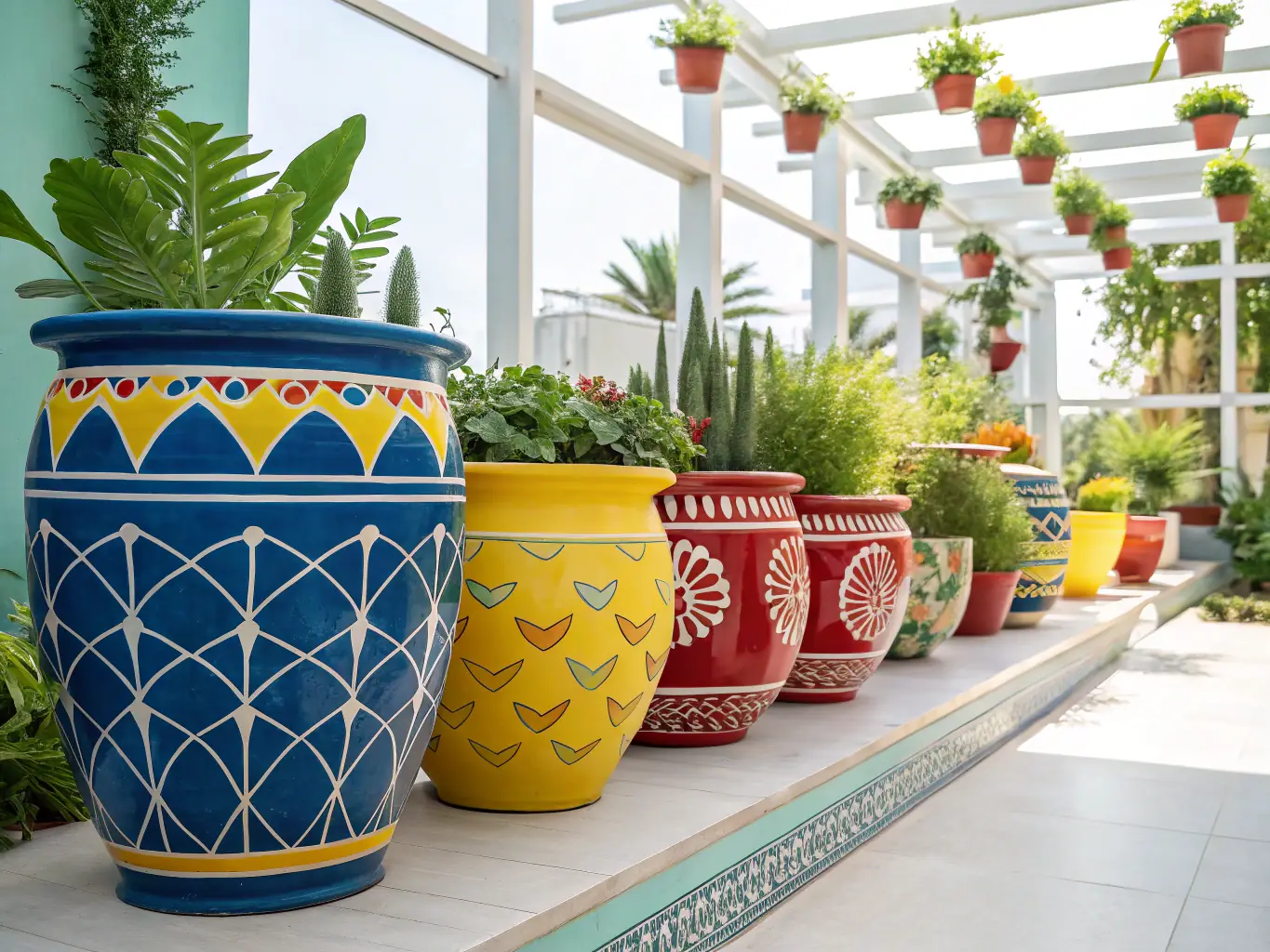 A selection of colorful and decorative garden pots displayed in a nursery, showcasing different sizes, shapes, and materials suitable for various plants and garden designs.